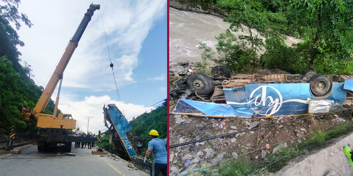 Wreckage of bus retrieved from Marshyangdi