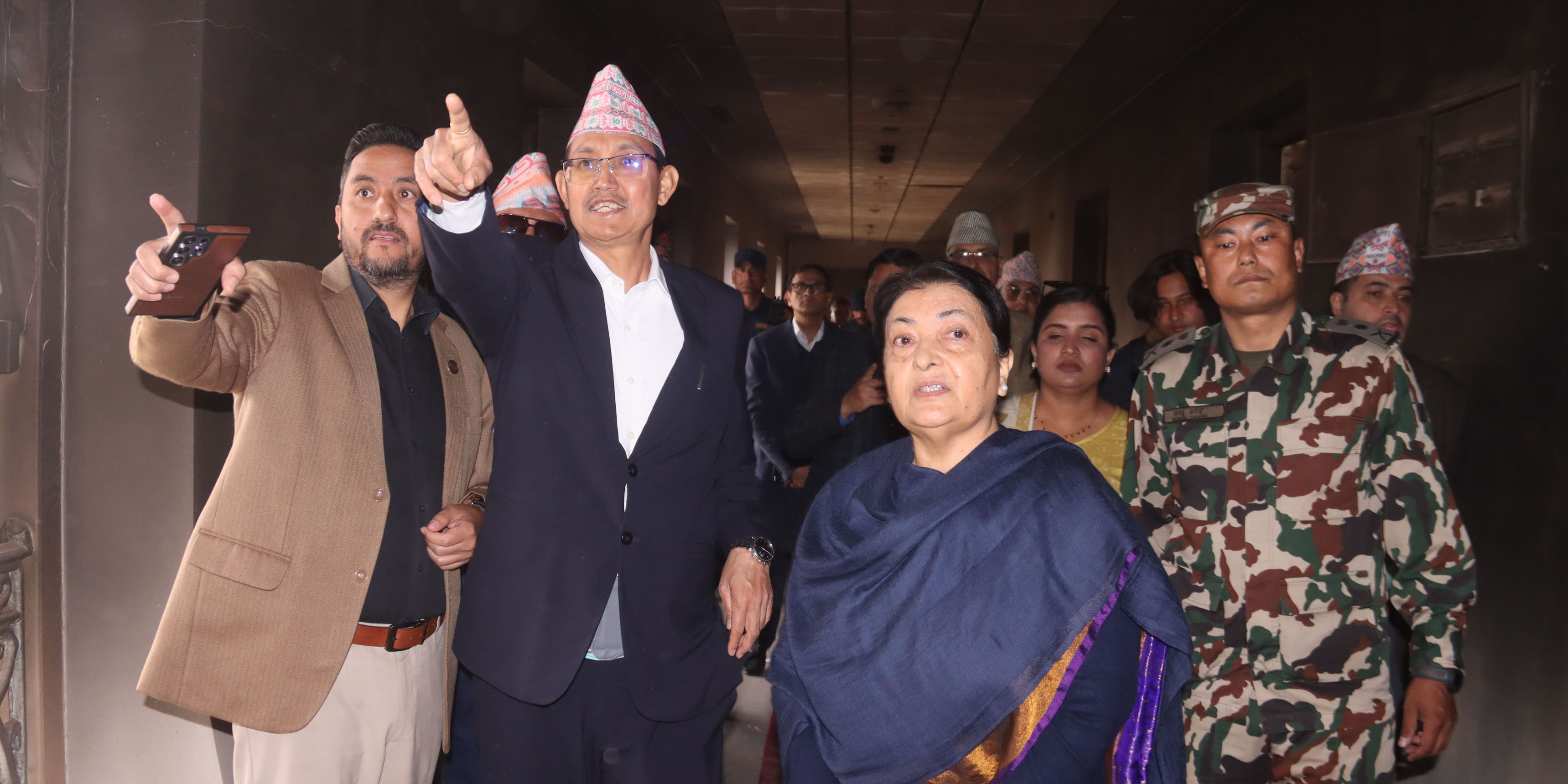 Former President Bhandari inspects arson-hit Singha Durbar