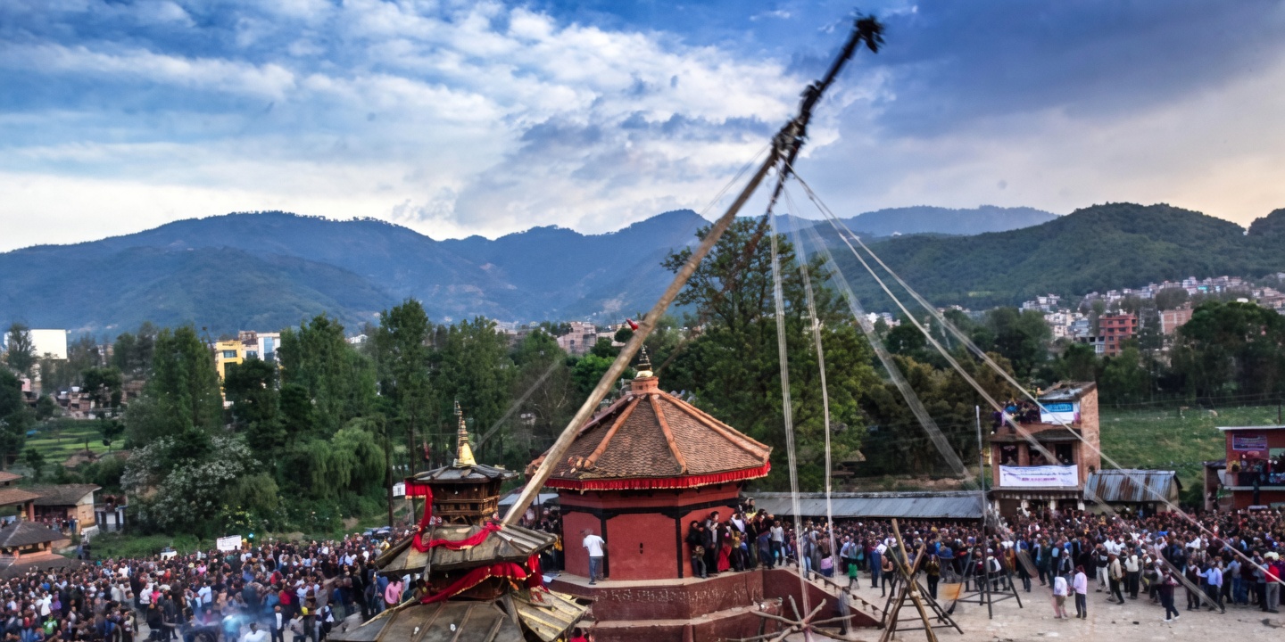 Ceremonial pole erected in Bhaktapur as part of Biska Jatra celebrations