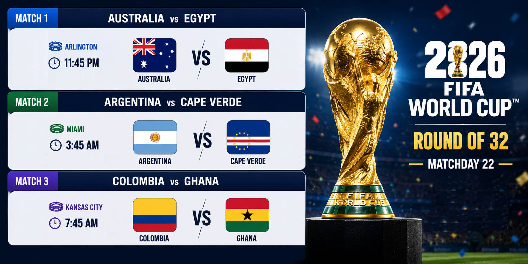 Argentina, Colombia, Australia in action in final Round of 32 matches